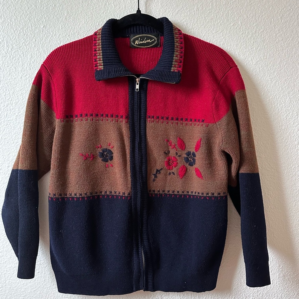 Vintage Wisdom Floral Wool Zip Up Sweater
